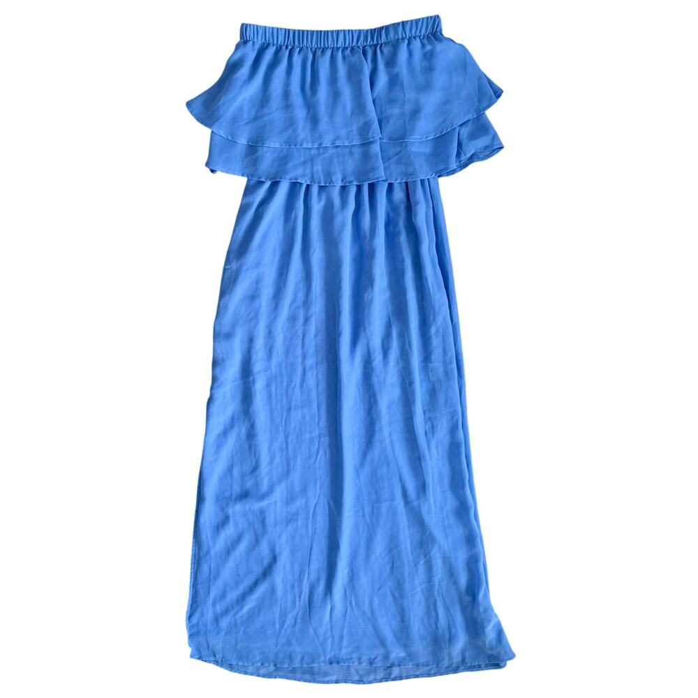 Ruffle Strapless Maxi Dress. Coastal Blue Lined Side Slit Long Dress. Medium
